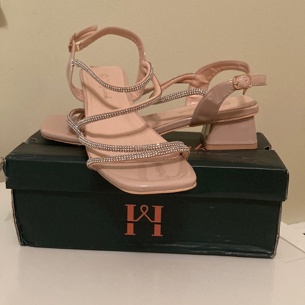 Rhinestone Sparkly Low Heel Strappy Sandals Square Toe Chunky Block Heels